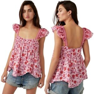 Free People Smocked Flutter Sleeve Blouse in Pink and Red